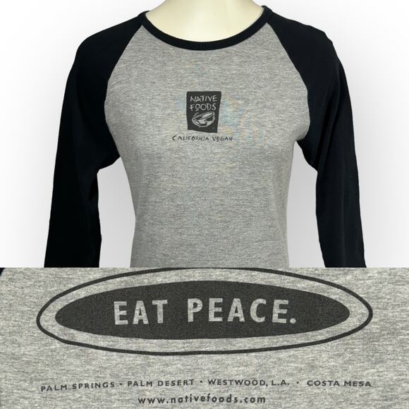 Native Foods (L) Raglan Tee California Vegan Eat Peace Plant-Based - Picture 1 of 15